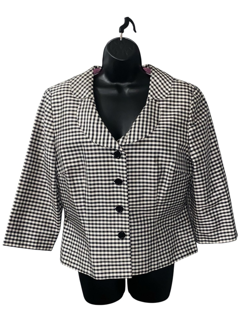 Maggy London Women Black Checker Pink Silk Button Long Sleeve Jacket Size 14